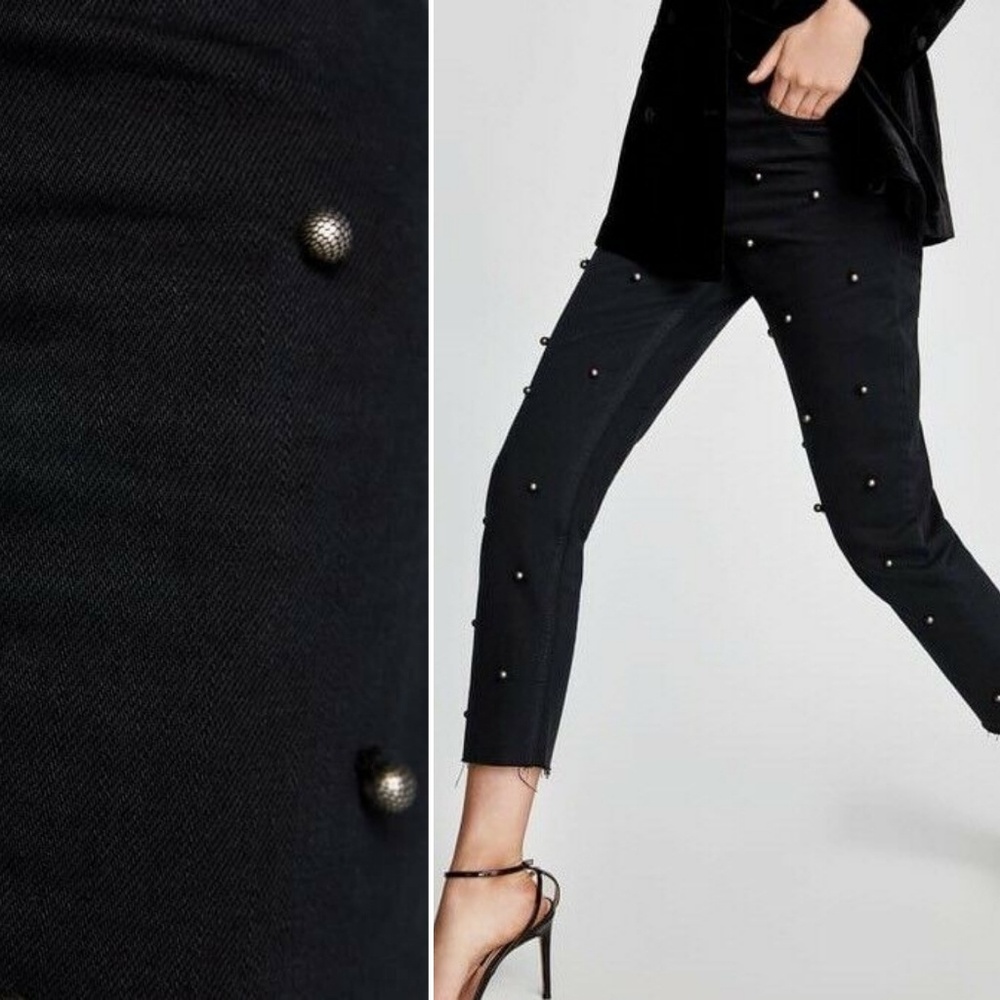 Zara Black Pearl Mesh Applique High Rise Jeans - Picture 2 of 3